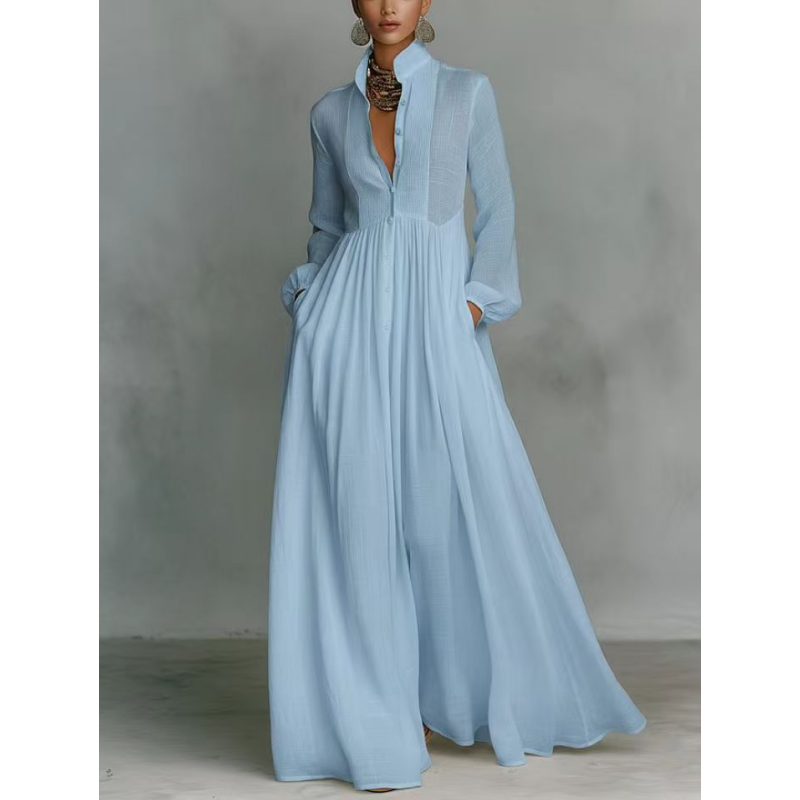 👗 50 % RABATT! ✨ Elegantes, plissiertes, weißes Maxikleid mit Stehkragen