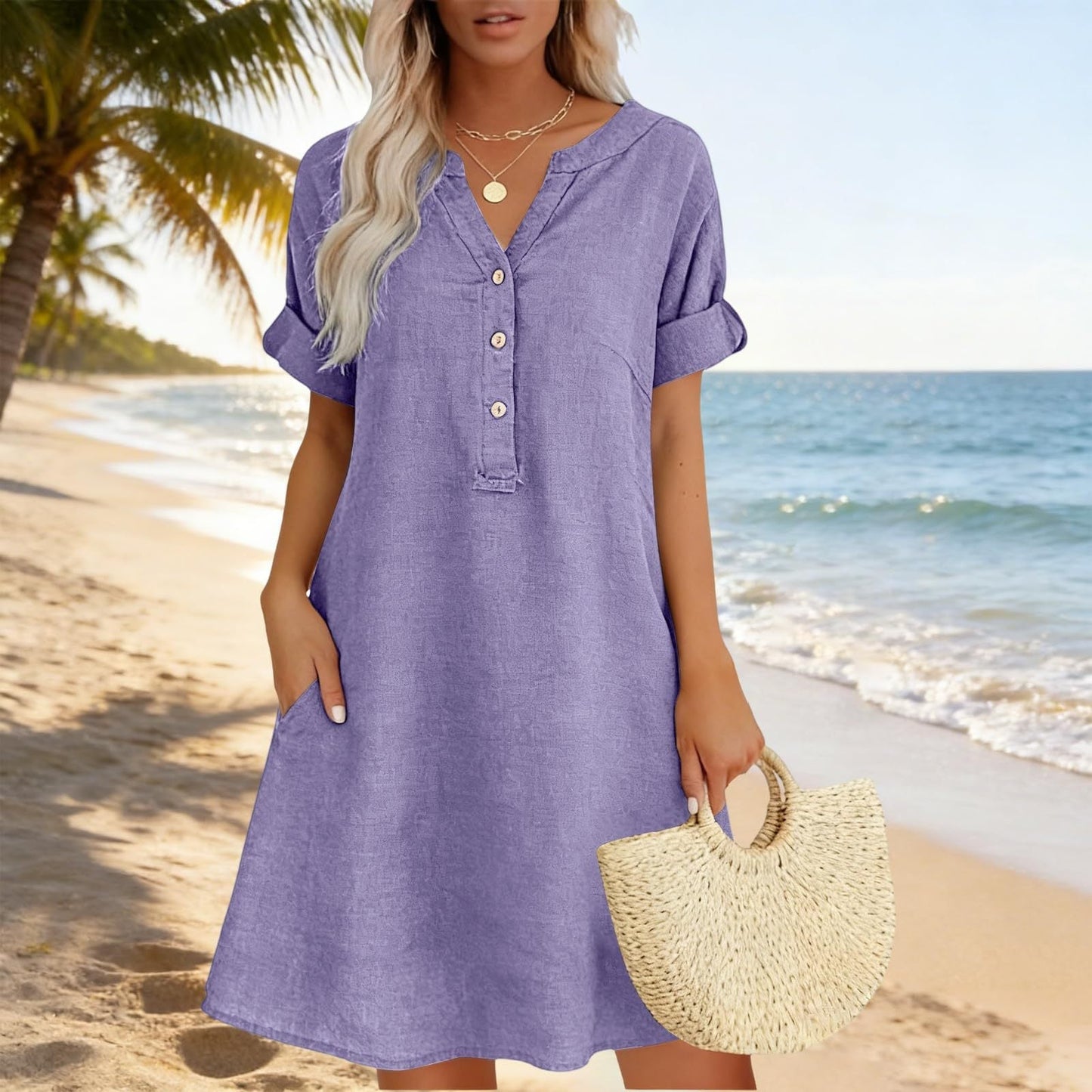 👗Lässiges Tunika-Kleid für Damen mit V-Ausschnitt und Taschen