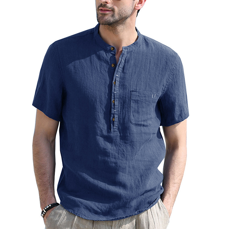 Herren Sommer Henley Shirt Kurzarm Lässiges Baumwoll-Leinen T-Shirt