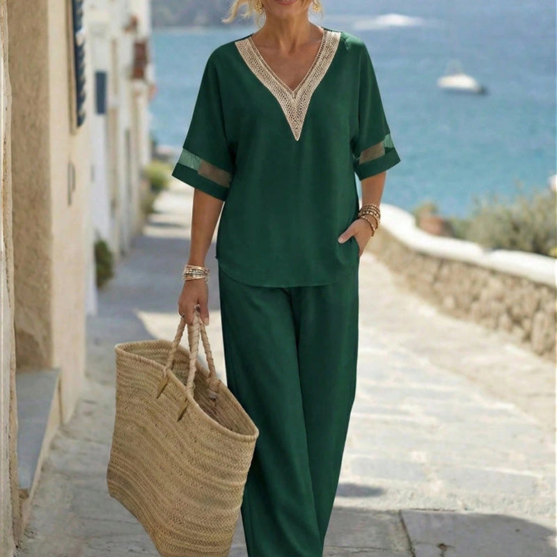 🌺 Set aus elegantem Oberteil mit V-Ausschnitt und Hose mit weitem Bein