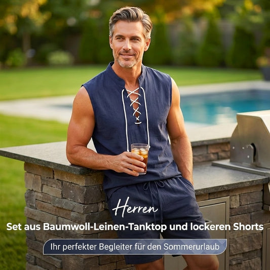 👕 BEFRISTET 55% RABATT! ✨ Herren Leinen-Set – Ärmelloses Top mit Schnürung, Shorts, 7 Farben ☀️