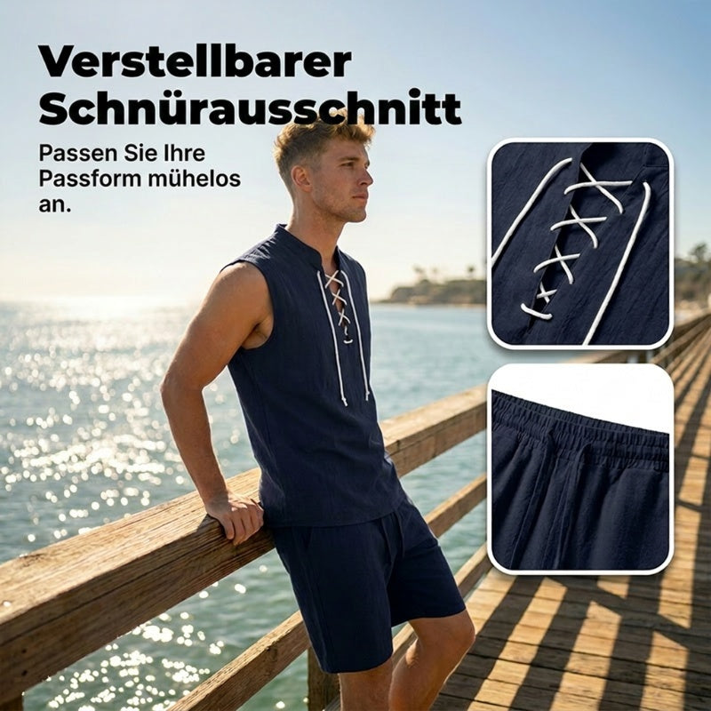 👕 BEFRISTET 55% RABATT! ✨ Herren Leinen-Set – Ärmelloses Top mit Schnürung, Shorts, 7 Farben ☀️