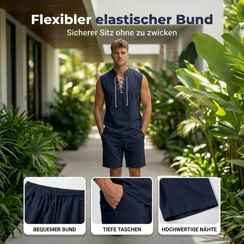 👕 BEFRISTET 55% RABATT! ✨ Herren Leinen-Set – Ärmelloses Top mit Schnürung, Shorts, 7 Farben ☀️