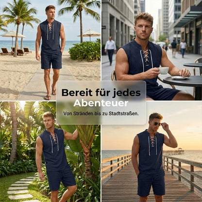 👕 BEFRISTET 55% RABATT! ✨ Herren Leinen-Set – Ärmelloses Top mit Schnürung, Shorts, 7 Farben ☀️