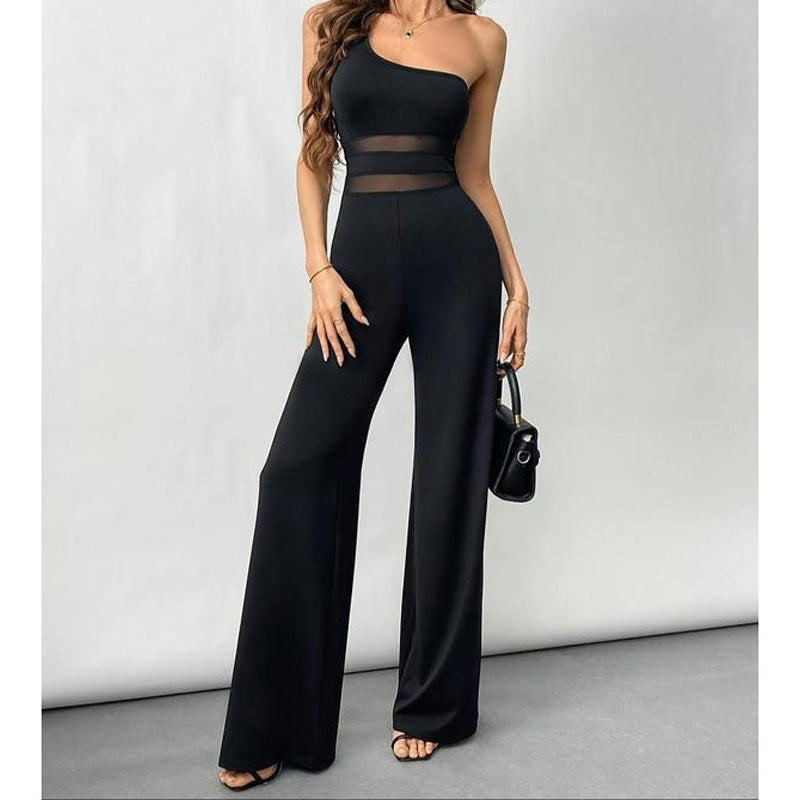 🌞Sommer-Sonderangebot – 60 % Rabatt!!🌿✨🔥One-Shoulder Jumpsuit mit weitem Bein und Netzeinsatz