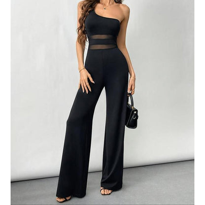 🌞Sommer-Sonderangebot – 60 % Rabatt!!🌿✨🔥One-Shoulder Jumpsuit mit weitem Bein und Netzeinsatz