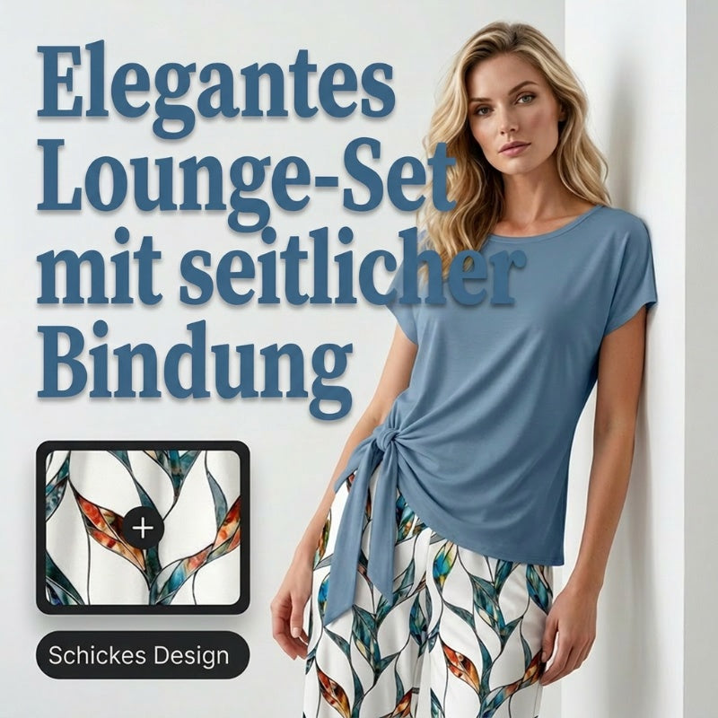 💥50% RABATT 🔥 Damen-Set: Oberteil mit seitlicher Bindung & stylische gemusterte Hose ✨ Sommerlook, bequem & modern 👗