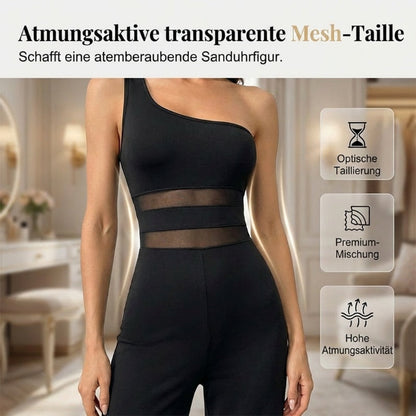 🌞Sommer-Sonderangebot – 60 % Rabatt!!🌿✨🔥One-Shoulder Jumpsuit mit weitem Bein und Netzeinsatz