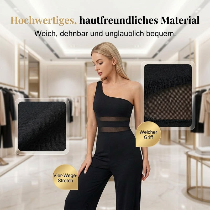 🌞Sommer-Sonderangebot – 60 % Rabatt!!🌿✨🔥One-Shoulder Jumpsuit mit weitem Bein und Netzeinsatz