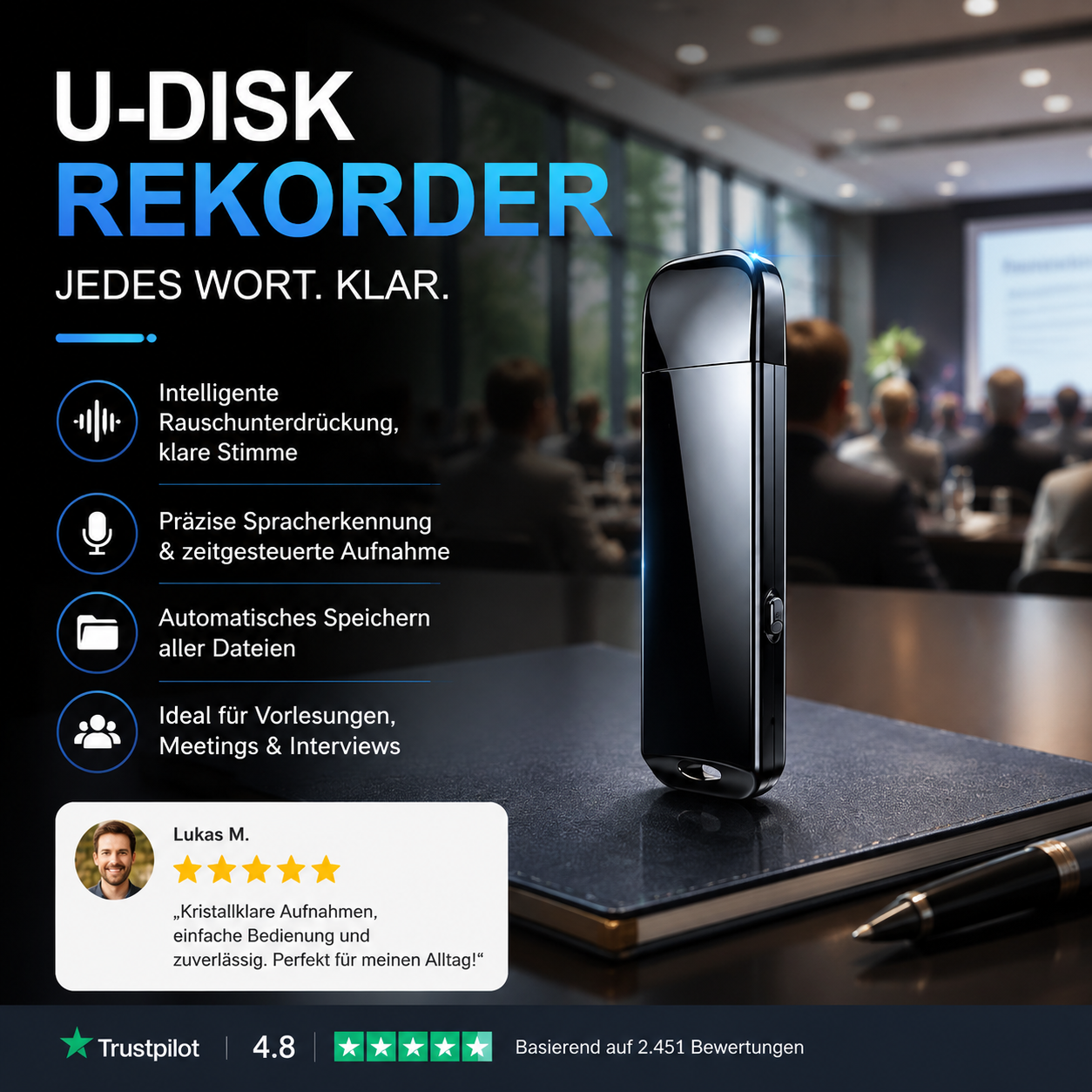 🚗50 % Rabatt🔒 Verschlüsselter USB-Diktierrekorder | Dateiverschlüsselung · Rauschunterdrückung für klare Aufnahmen · Aufnahme auf Knopfdruck · Sprachgesteuerte Aufnahme