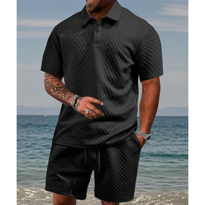👔🌞 50% RABATT! Herren Zweiteiler mit Rautenstruktur: Kurzarmhemd & Shorts mit Kordelzug – Atmungsaktiv, knitterfrei & perfekt für heiße Tage 💎