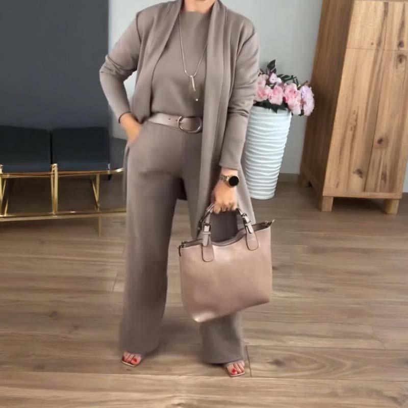 🍁55% RABATT! 🧥 3-teiliges Set: Longline-Cardigan, Top & Hose – Neu im Herbst/Winter – Kuschelig weich, Modischer Layer-Look & Perfekte Passform ✨