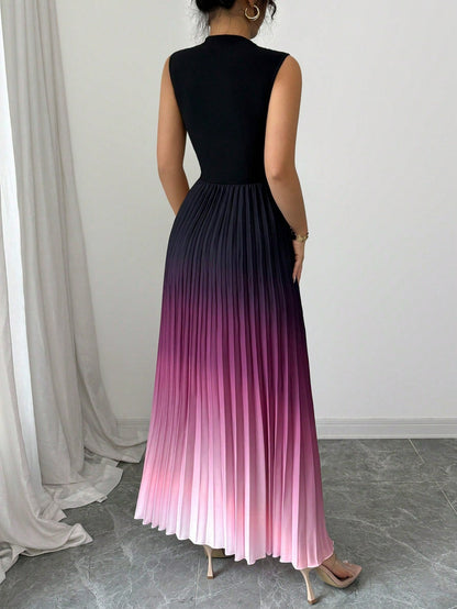 ✨ NUR FÜR BEGRENZTE ZEIT 50% RABATT! 🌺Ombré Ärmelloses Maxikleid Stehkragen A-Linie Plisseekleid Lila Gradient Sommerkleid❤️