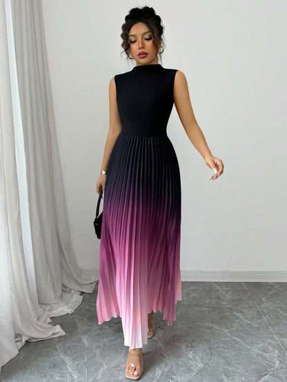 ✨ NUR FÜR BEGRENZTE ZEIT 50% RABATT! 🌺Ombré Ärmelloses Maxikleid Stehkragen A-Linie Plisseekleid Lila Gradient Sommerkleid❤️