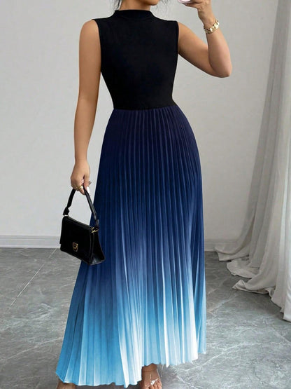 ✨ NUR FÜR BEGRENZTE ZEIT 50% RABATT! 🌺Ombré Ärmelloses Maxikleid Stehkragen A-Linie Plisseekleid Lila Gradient Sommerkleid❤️