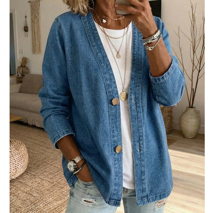 🔥Letzter Tag: 60% Rabatt! ⏰👖 Klassische Damen-Jeansjacke🎁V-Ausschnitt, Knopfleiste & Lockerer Casual-Schnitt