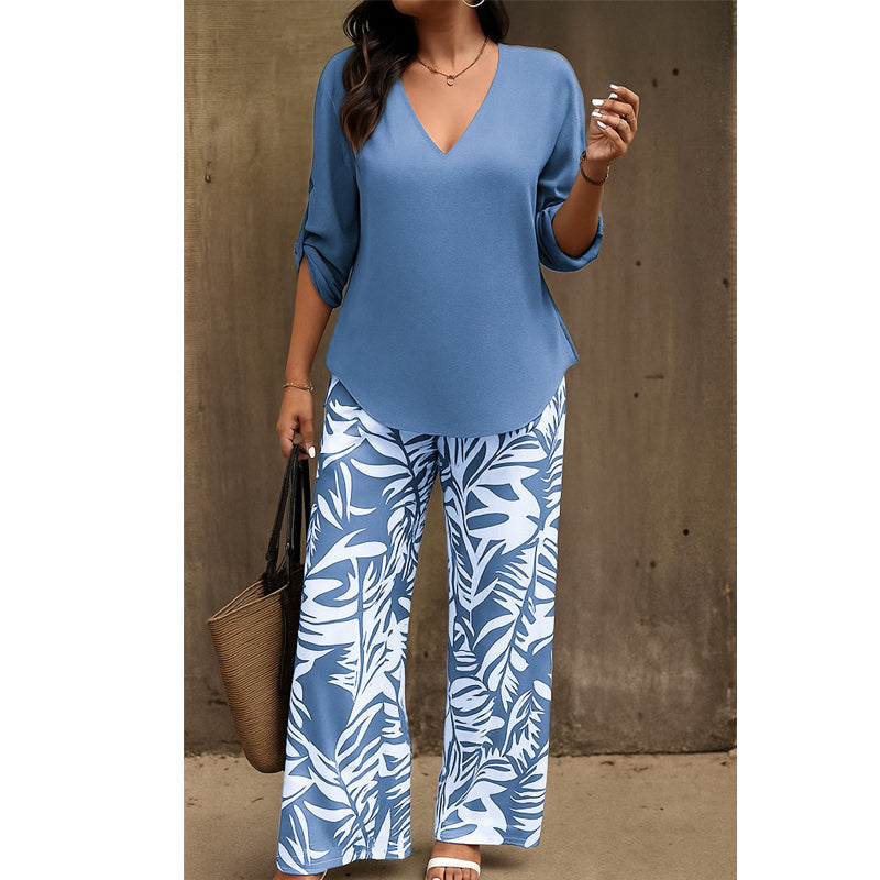 💖LETZTER TAG IM ANGEBOT: 70% Rabatt!!💖Damen Zweiteiler – elegante V-Neck Bluse + weite Print-Hose