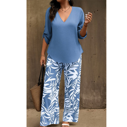💖LETZTER TAG IM ANGEBOT: 70% Rabatt!!💖Damen Zweiteiler – elegante V-Neck Bluse + weite Print-Hose
