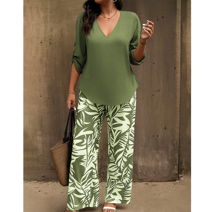💖LETZTER TAG IM ANGEBOT: 70% Rabatt!!💖Damen Zweiteiler – elegante V-Neck Bluse + weite Print-Hose