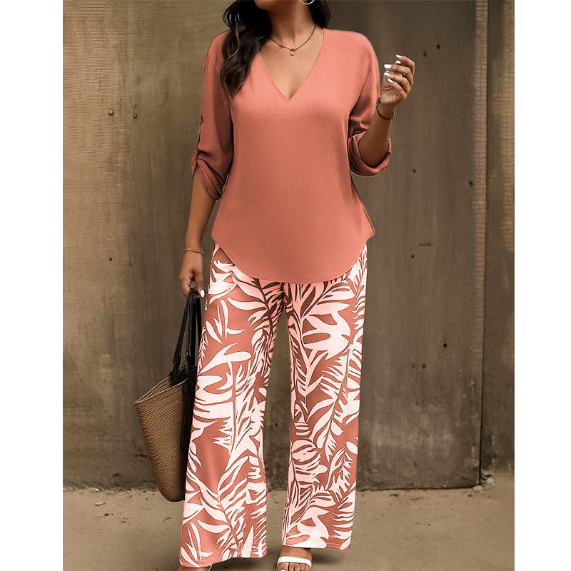 💖LETZTER TAG IM ANGEBOT: 70% Rabatt!!💖Damen Zweiteiler – elegante V-Neck Bluse + weite Print-Hose