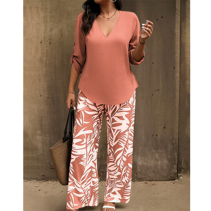 💖LETZTER TAG IM ANGEBOT: 70% Rabatt!!💖Damen Zweiteiler – elegante V-Neck Bluse + weite Print-Hose