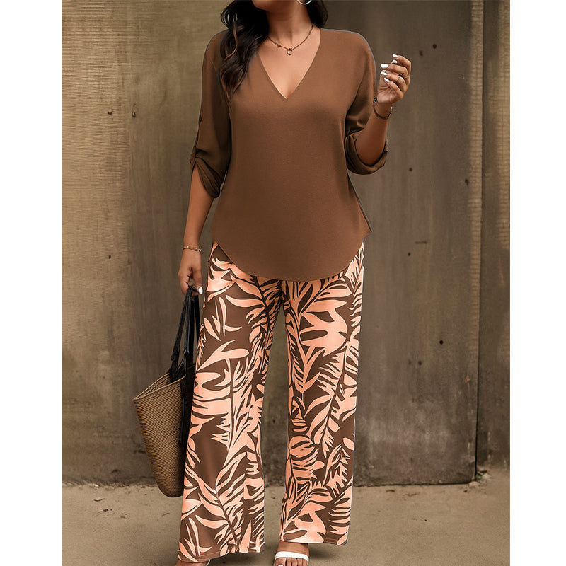 💖LETZTER TAG IM ANGEBOT: 70% Rabatt!!💖Damen Zweiteiler – elegante V-Neck Bluse + weite Print-Hose