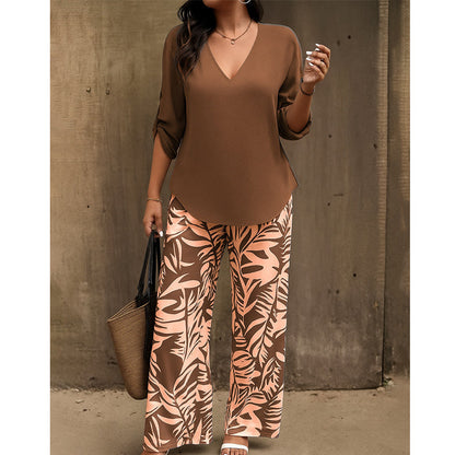 💖LETZTER TAG IM ANGEBOT: 70% Rabatt!!💖Damen Zweiteiler – elegante V-Neck Bluse + weite Print-Hose