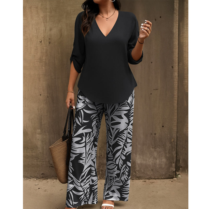 💖LETZTER TAG IM ANGEBOT: 70% Rabatt!!💖Damen Zweiteiler – elegante V-Neck Bluse + weite Print-Hose