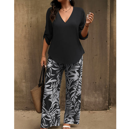 💖LETZTER TAG IM ANGEBOT: 70% Rabatt!!💖Damen Zweiteiler – elegante V-Neck Bluse + weite Print-Hose
