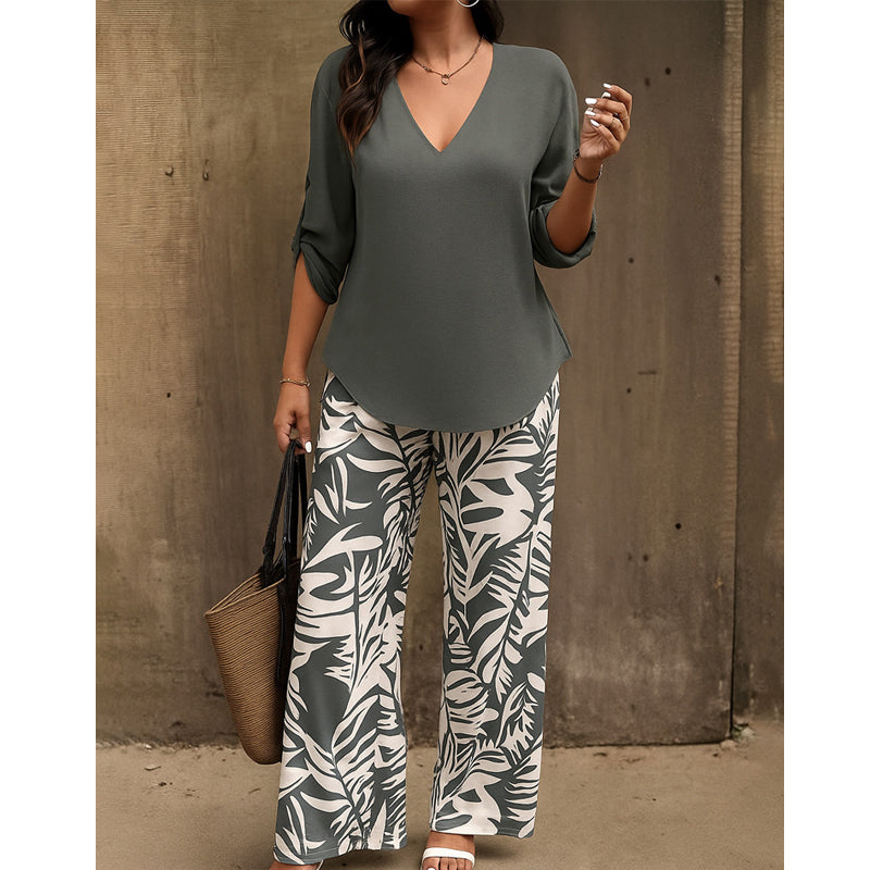 💖LETZTER TAG IM ANGEBOT: 70% Rabatt!!💖Damen Zweiteiler – elegante V-Neck Bluse + weite Print-Hose