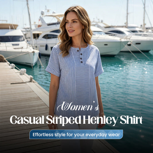 👔✨ 50% RABATT! Damen gestreiftes Henley-Shirt – Bügelfrei, bequem & hautfreundlich – Lässiger Chic für Freizeit, Büro & Urlaub 🌿