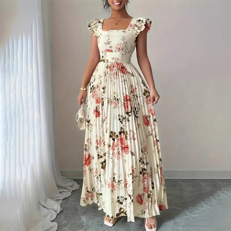 👗 Neuwaren 50% Rabatt🌸 Elegantes Blumenprint-Maxi-Kleid mit Volantärmeln & Hochwaist – Plisseerock, Quadrat-Ausschnitt, Romantisch ✨
