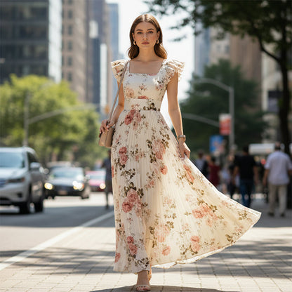👗 Neuwaren 50% Rabatt🌸 Elegantes Blumenprint-Maxi-Kleid mit Volantärmeln & Hochwaist – Plisseerock, Quadrat-Ausschnitt, Romantisch ✨