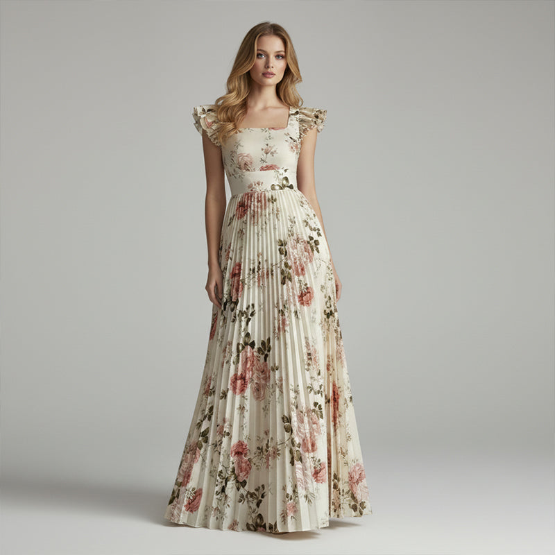 👗 Neuwaren 50% Rabatt🌸 Elegantes Blumenprint-Maxi-Kleid mit Volantärmeln & Hochwaist – Plisseerock, Quadrat-Ausschnitt, Romantisch ✨