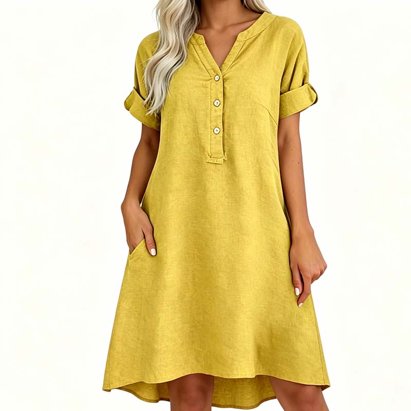👗Lässiges Tunika-Kleid mit V-Ausschnitt und Knopfleiste für Damen