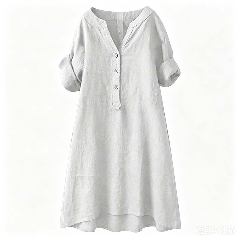 👗Lässiges Tunika-Kleid mit V-Ausschnitt und Knopfleiste für Damen