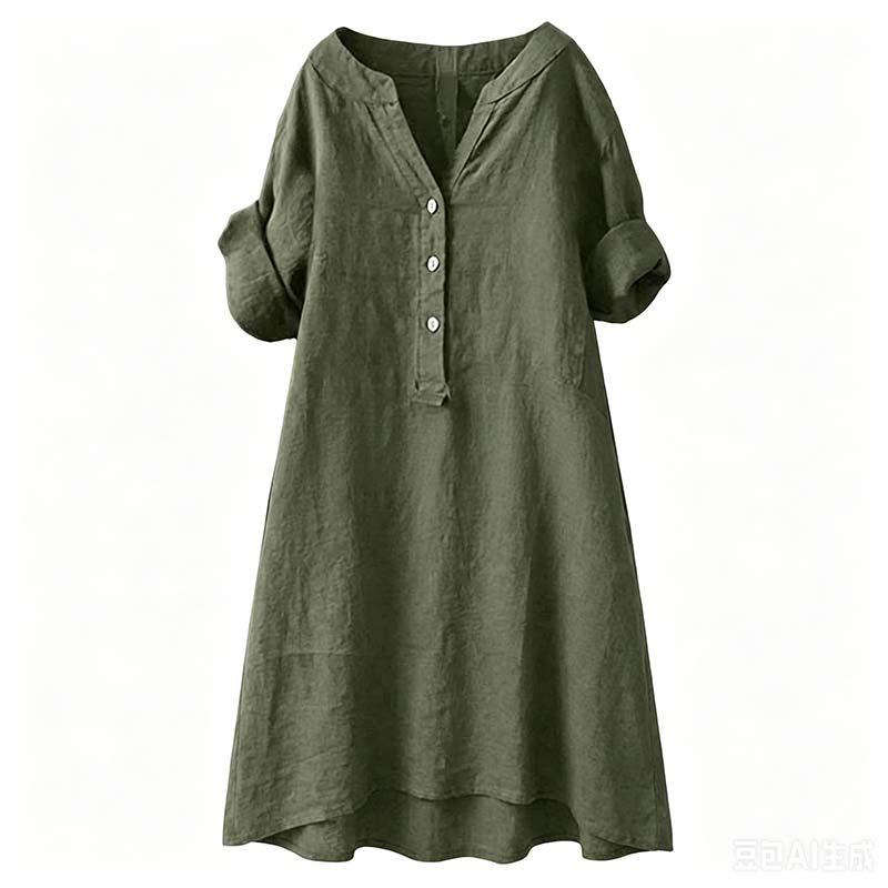 👗Lässiges Tunika-Kleid mit V-Ausschnitt und Knopfleiste für Damen