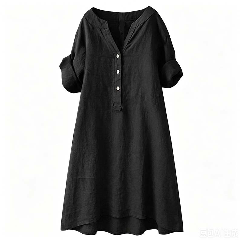 👗Lässiges Tunika-Kleid mit V-Ausschnitt und Knopfleiste für Damen