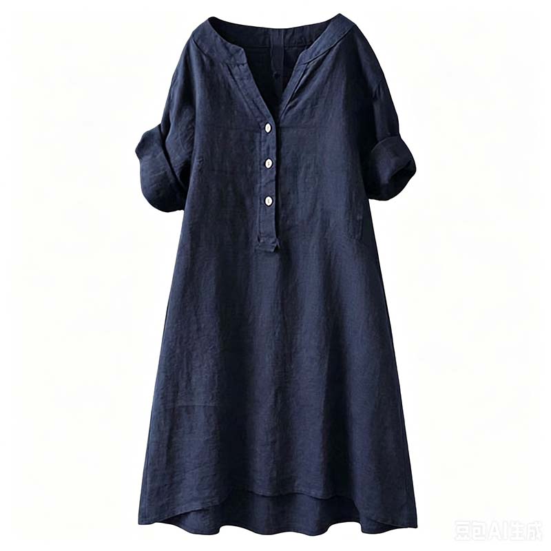 👗Lässiges Tunika-Kleid mit V-Ausschnitt und Knopfleiste für Damen