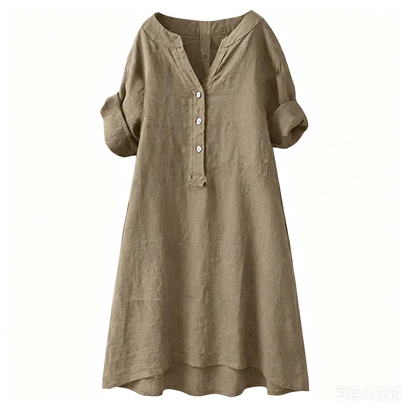 👗Lässiges Tunika-Kleid mit V-Ausschnitt und Knopfleiste für Damen