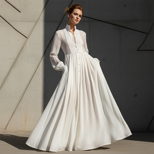 👗 50 % RABATT! ✨ Elegantes, plissiertes, weißes Maxikleid mit Stehkragen