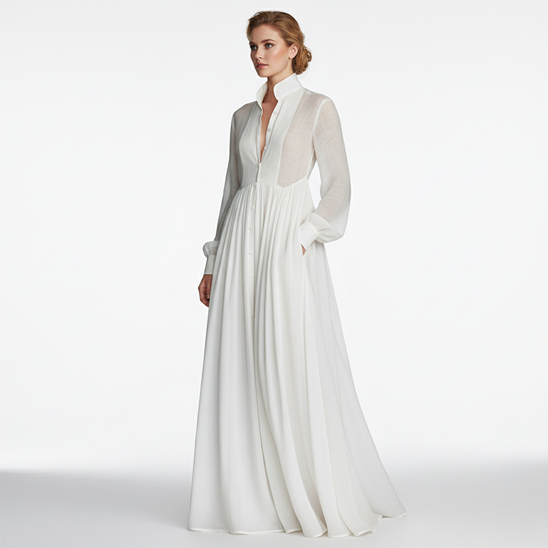 👗 50 % RABATT! ✨ Elegantes, plissiertes, weißes Maxikleid mit Stehkragen