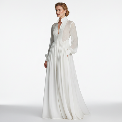 👗 50 % RABATT! ✨ Elegantes, plissiertes, weißes Maxikleid mit Stehkragen