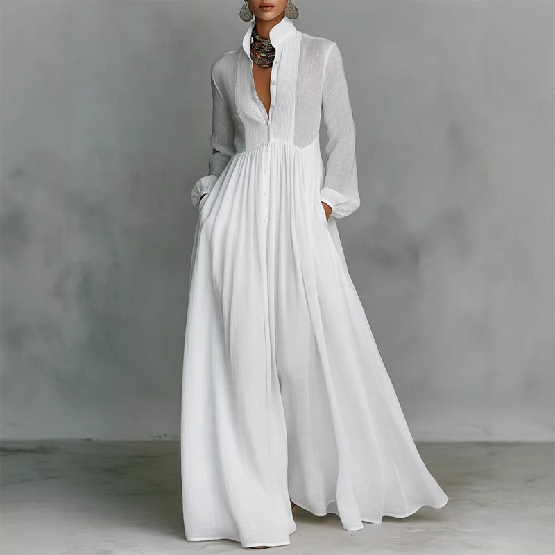 👗 50 % RABATT! ✨ Elegantes, plissiertes, weißes Maxikleid mit Stehkragen