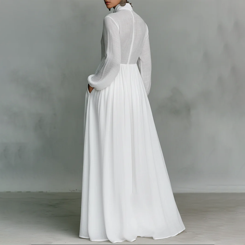 👗 50 % RABATT! ✨ Elegantes, plissiertes, weißes Maxikleid mit Stehkragen