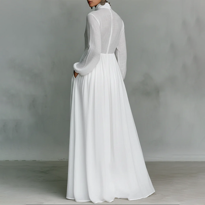 👗 50 % RABATT! ✨ Elegantes, plissiertes, weißes Maxikleid mit Stehkragen