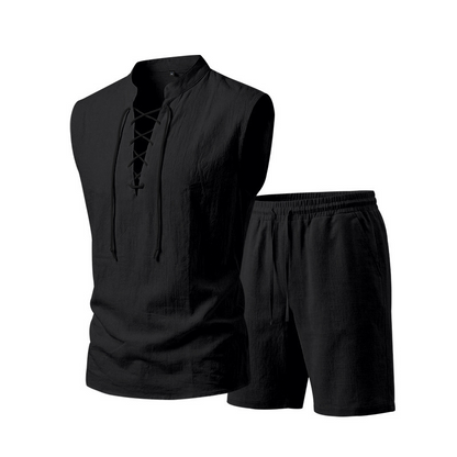 👕 BEFRISTET 55% RABATT! ✨ Herren Leinen-Set – Ärmelloses Top mit Schnürung, Shorts, 7 Farben ☀️