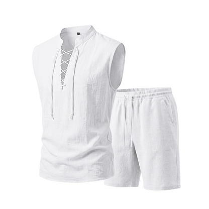 👕 BEFRISTET 55% RABATT! ✨ Herren Leinen-Set – Ärmelloses Top mit Schnürung, Shorts, 7 Farben ☀️