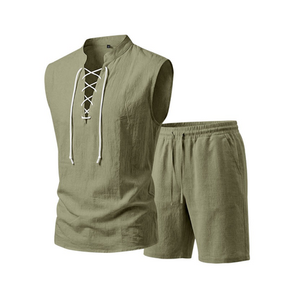 👕 BEFRISTET 55% RABATT! ✨ Herren Leinen-Set – Ärmelloses Top mit Schnürung, Shorts, 7 Farben ☀️