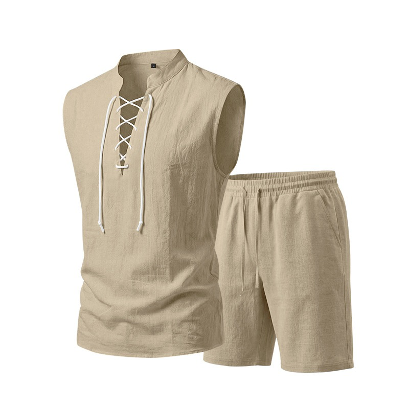 👕 BEFRISTET 55% RABATT! ✨ Herren Leinen-Set – Ärmelloses Top mit Schnürung, Shorts, 7 Farben ☀️